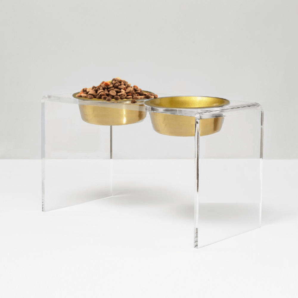 Hiddin Clear Acrylic Double Feeder with Gold Bowls – 12 in High