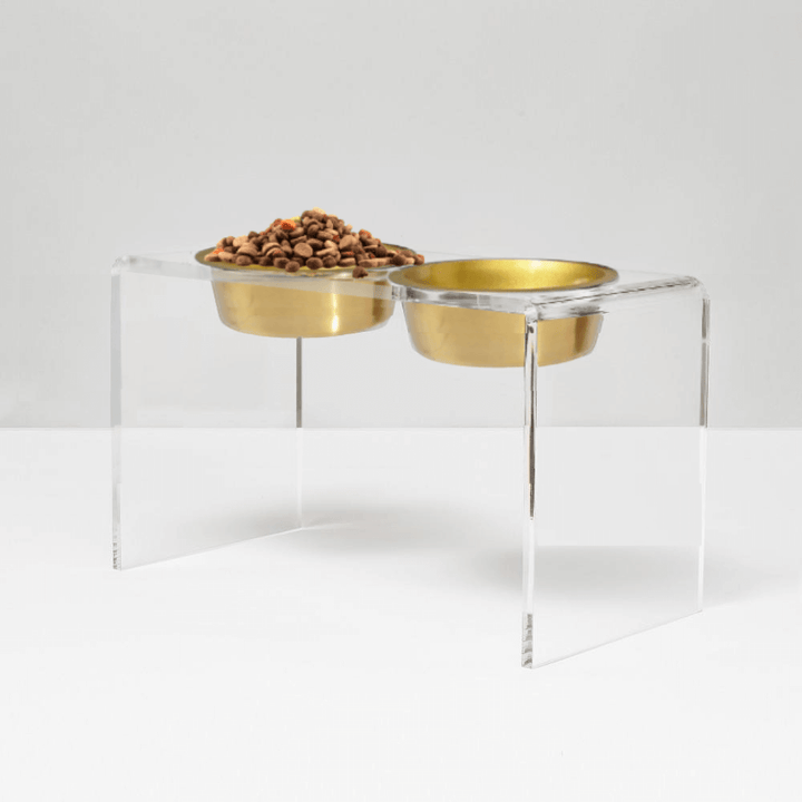 Hiddin Clear Acrylic Double Feeder with Gold Bowls – 12 in High
