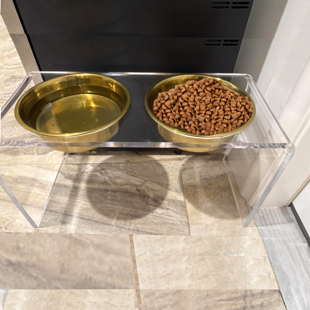 Hiddin Clear Acrylic Double Feeder with Gold Bowls – 12 in High