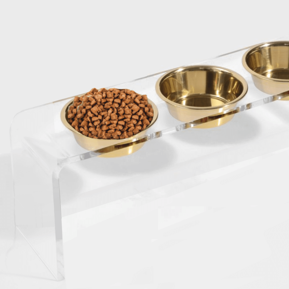 Hiddin Clear Acrylic Triple Feeder with Gold Bowls – 12 in High