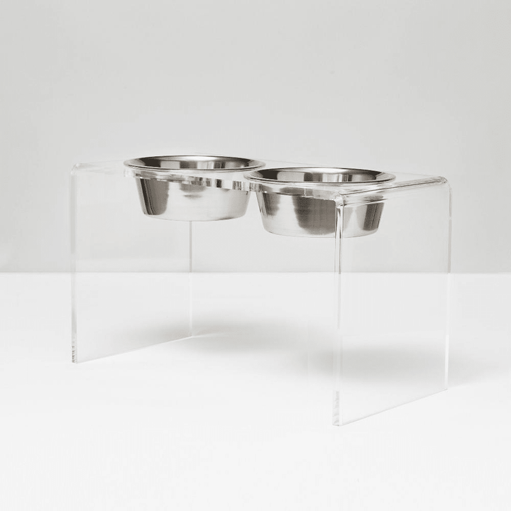 Hiddin Clear Acrylic Double Feeder with Silver Bowls – 12 in High