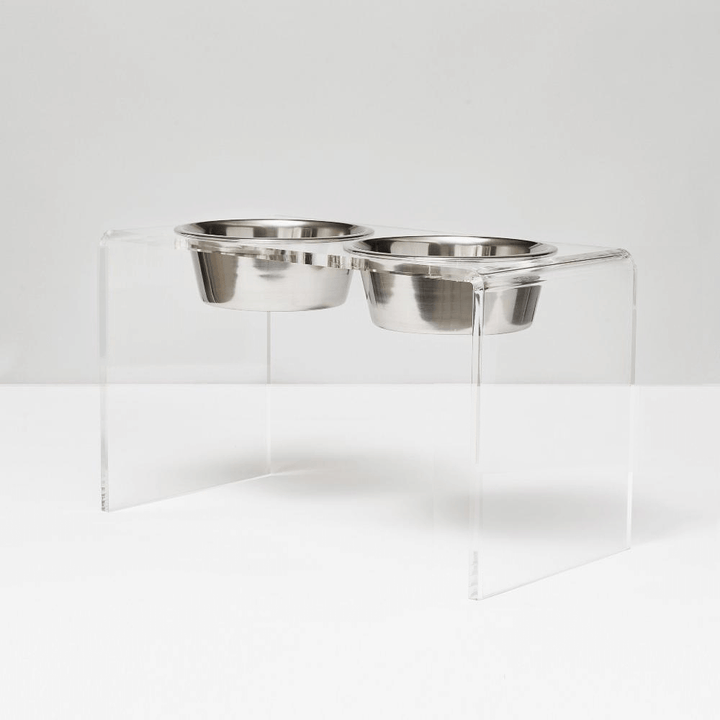 Hiddin Clear Acrylic Double Feeder with Silver Bowls – 12 in High