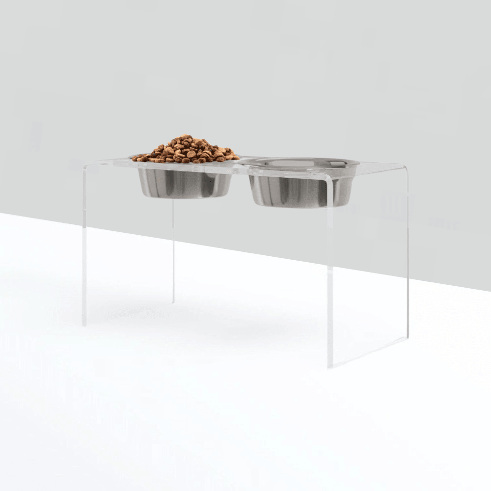 Hiddin Clear Acrylic Double Feeder with Silver Bowls – 12 in High