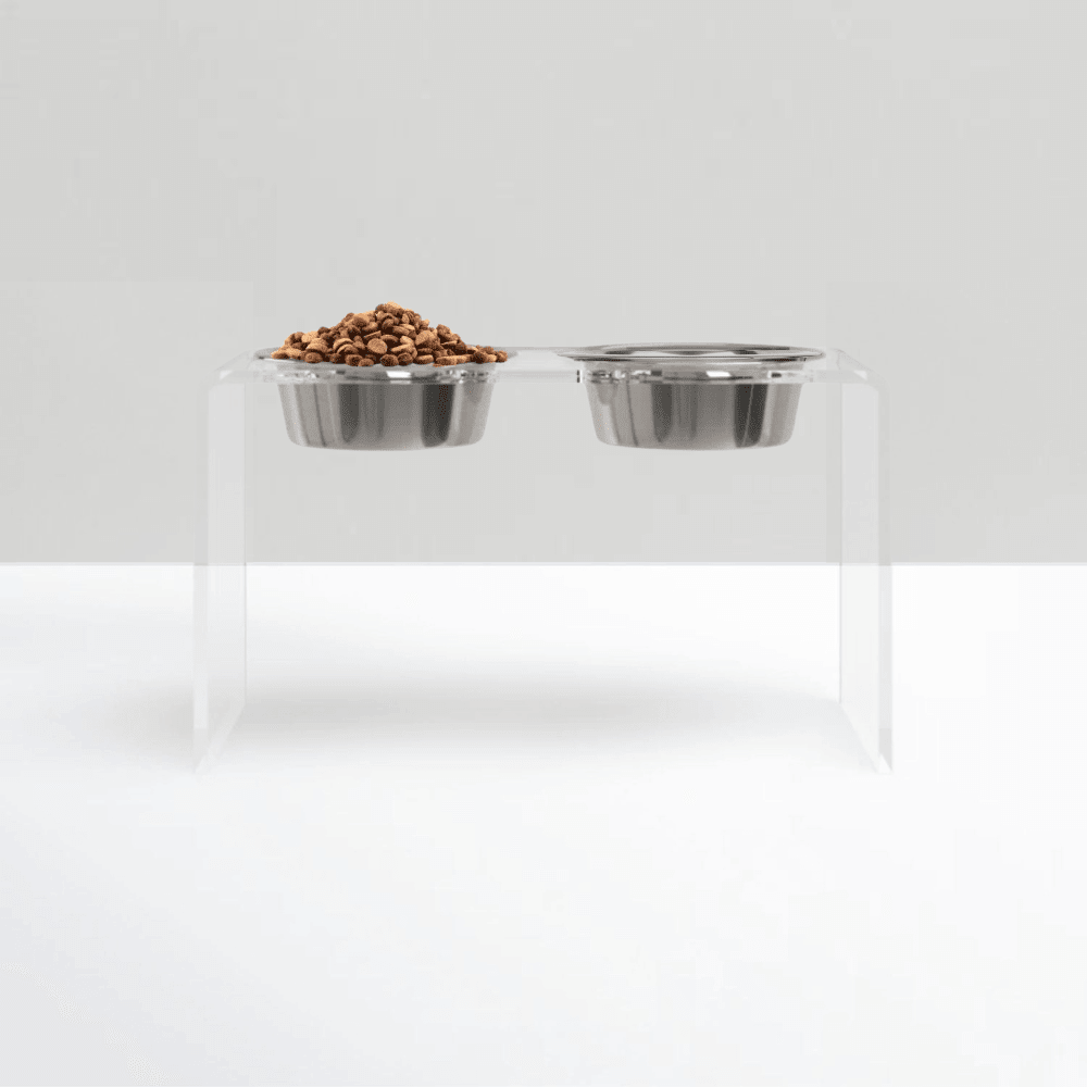 Hiddin Clear Acrylic Double Feeder with Silver Bowls – 12 in High