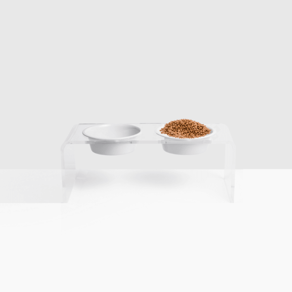 Hiddin Clear Acrylic Double Feeder with White Bowls – 7 in High