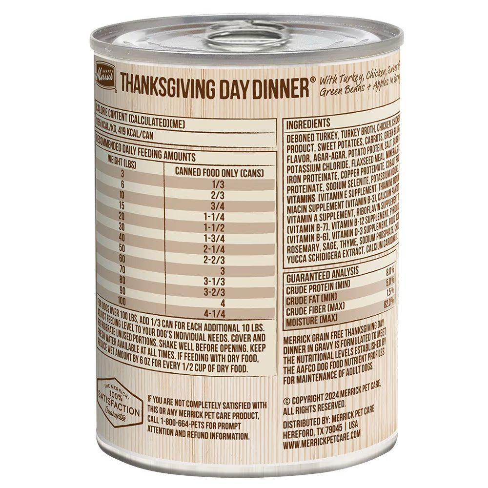 Merrick Thanksgiving Day Dinner reverse label and feeding chart