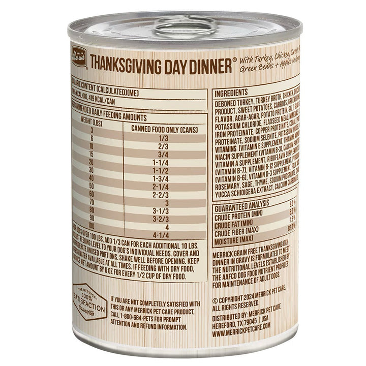 Merrick Thanksgiving Day Dinner reverse label and feeding chart