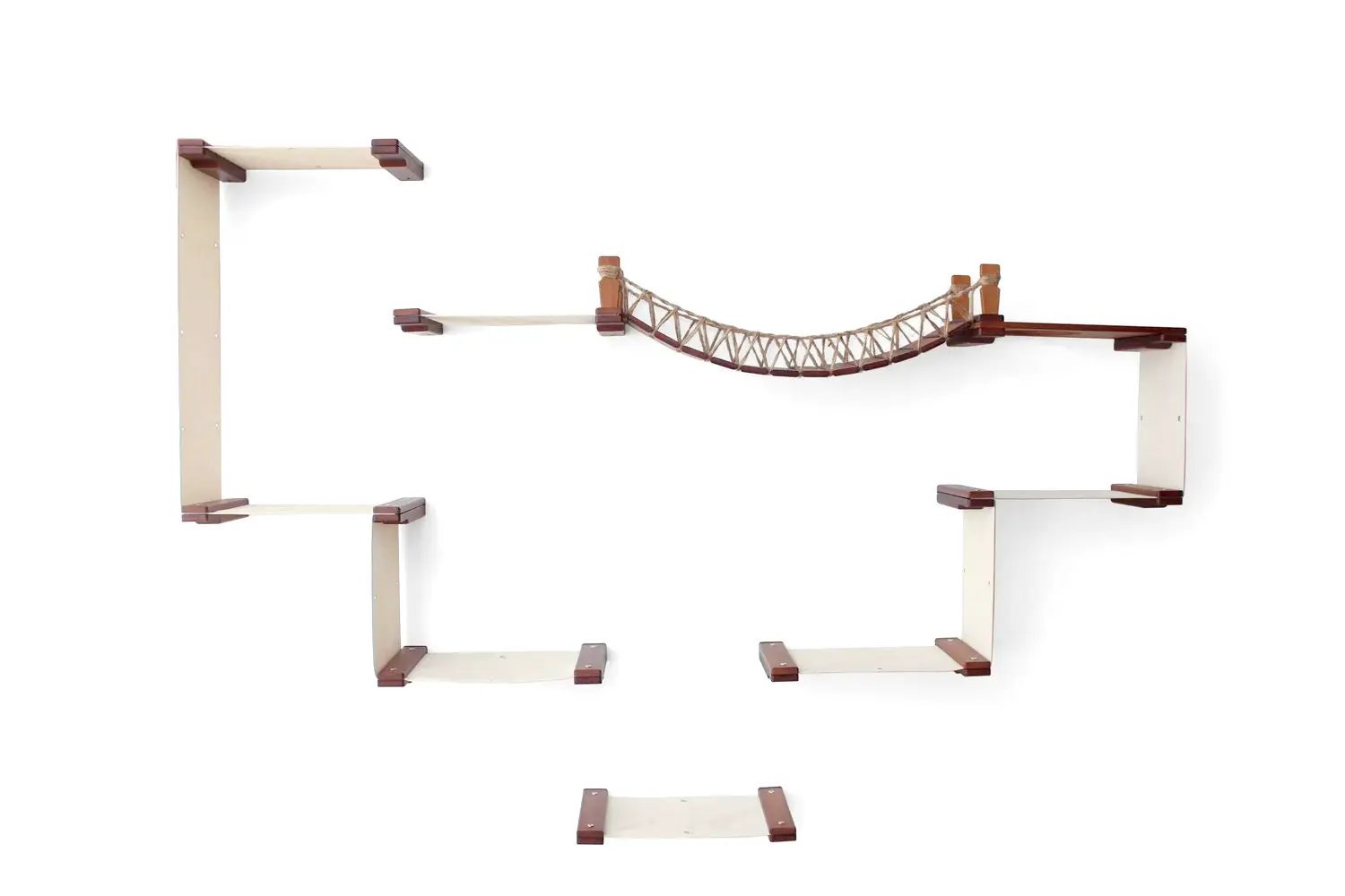 The Temple - Giant Cat Tree on Wall, beige wooden cat condo with rope bridge by Catastrophic Creations.