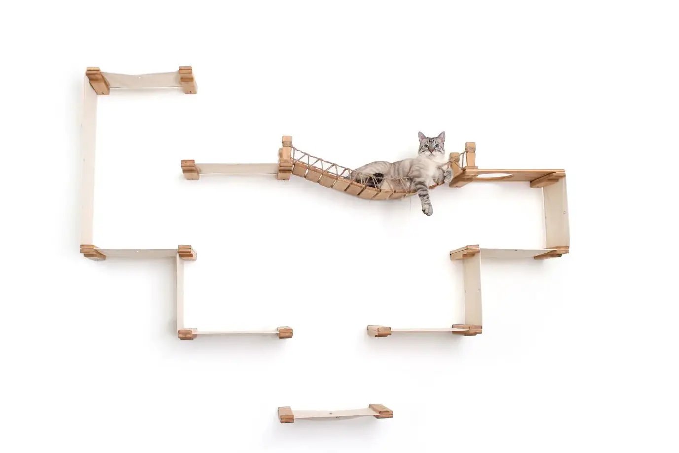 The Temple - Giant Cat Tree on Wall Cat Condo; wooden structure with rope hammock and platforms