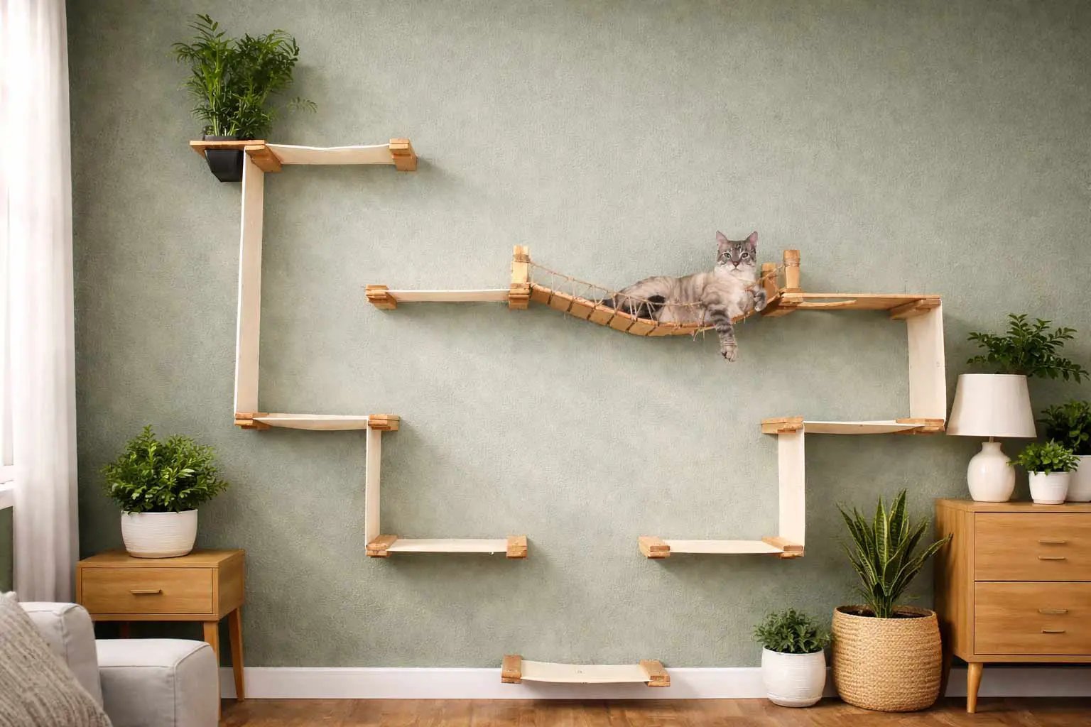 The Temple giant wall-mounted cat condo with wooden platforms and rope hammock; cat lounging.
