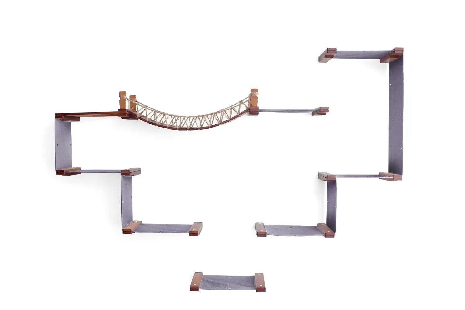 The Temple Giant Cat Tree on Wall cat condo by Catastrophic Creations; gray wooden frame with a rope bridge