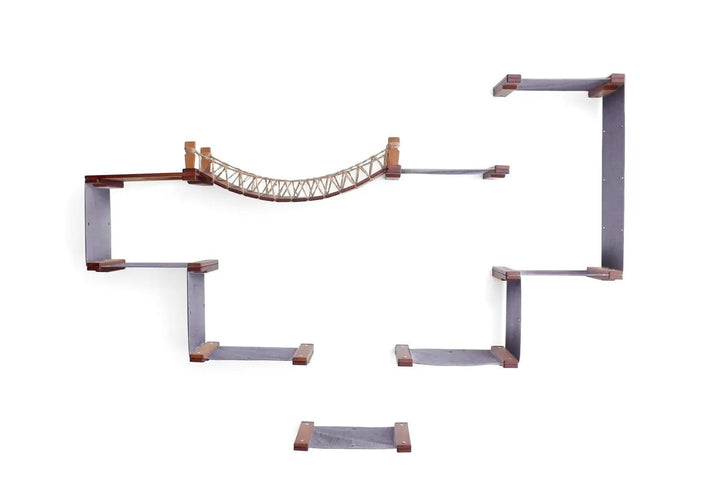 The Temple Giant Cat Tree on Wall cat condo by Catastrophic Creations; gray wooden frame with a rope bridge