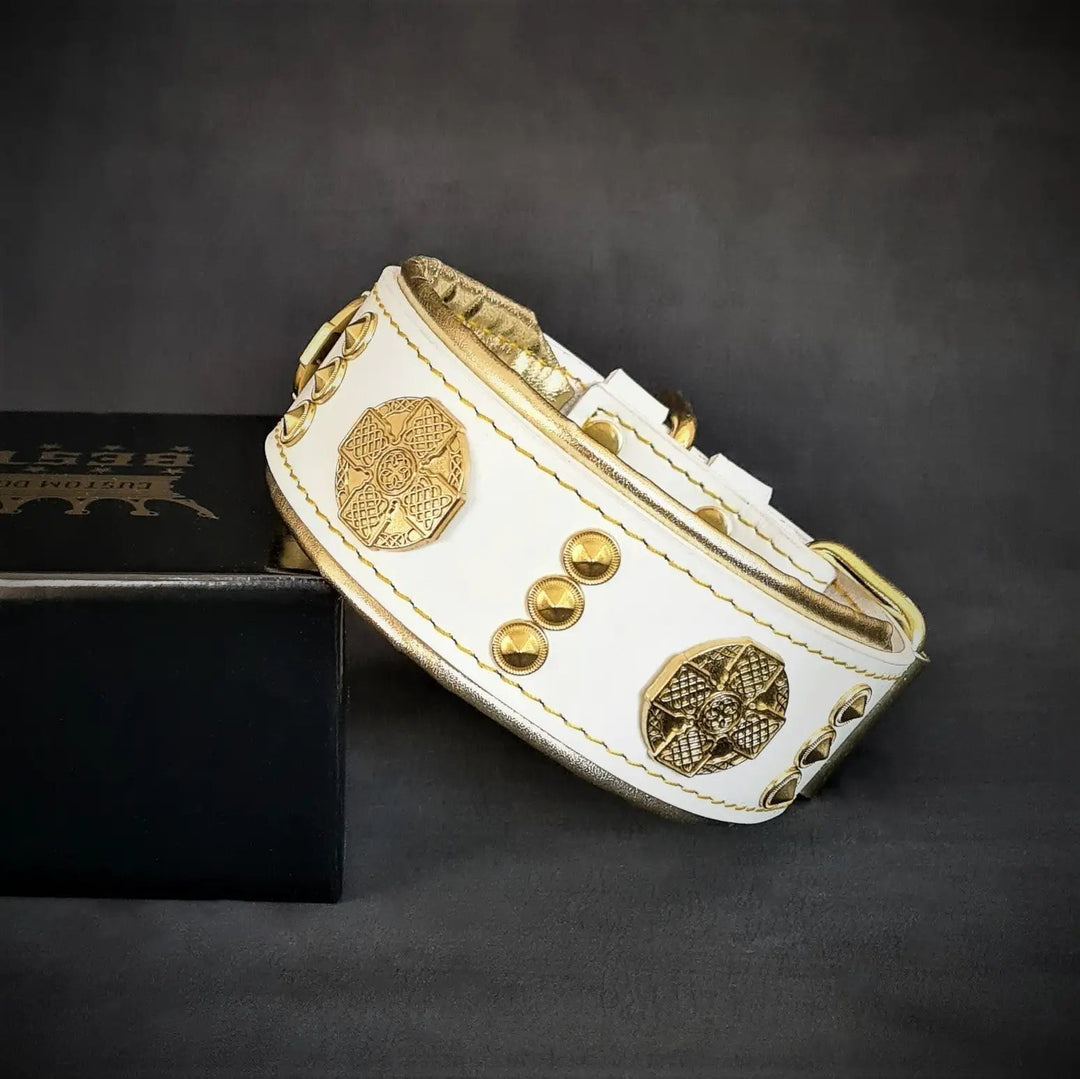 Bestia Maximus white and gold 2-inch leather dog collar