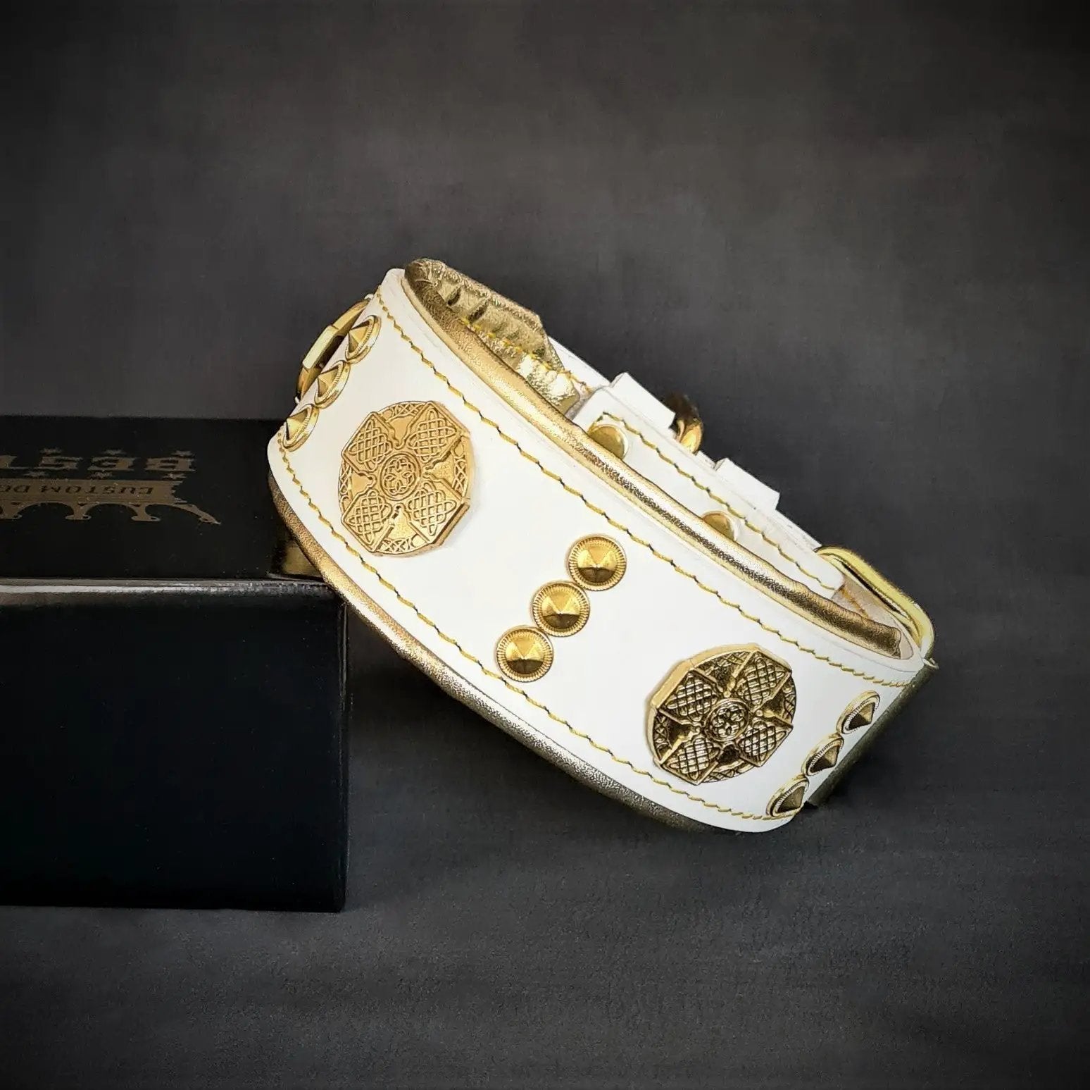 The "Maximus" collar 2 inch wide white & gold - Pet Collars & Harnesses from Bestia Dog Gear