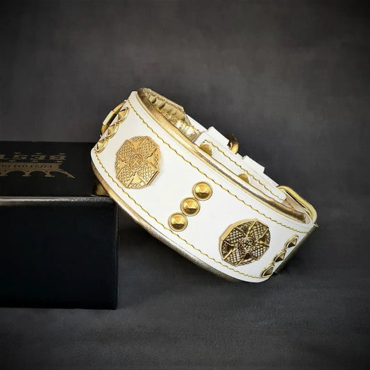The "Maximus" collar 2 inch wide white & gold - Pet Collars & Harnesses from Bestia Dog Gear