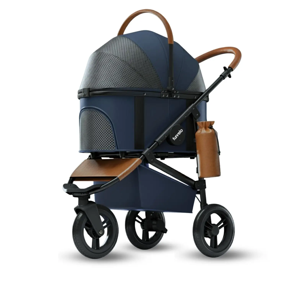 Furvelo Jogger Pet Stroller dog pram in navy blue with wooden handles and black frame