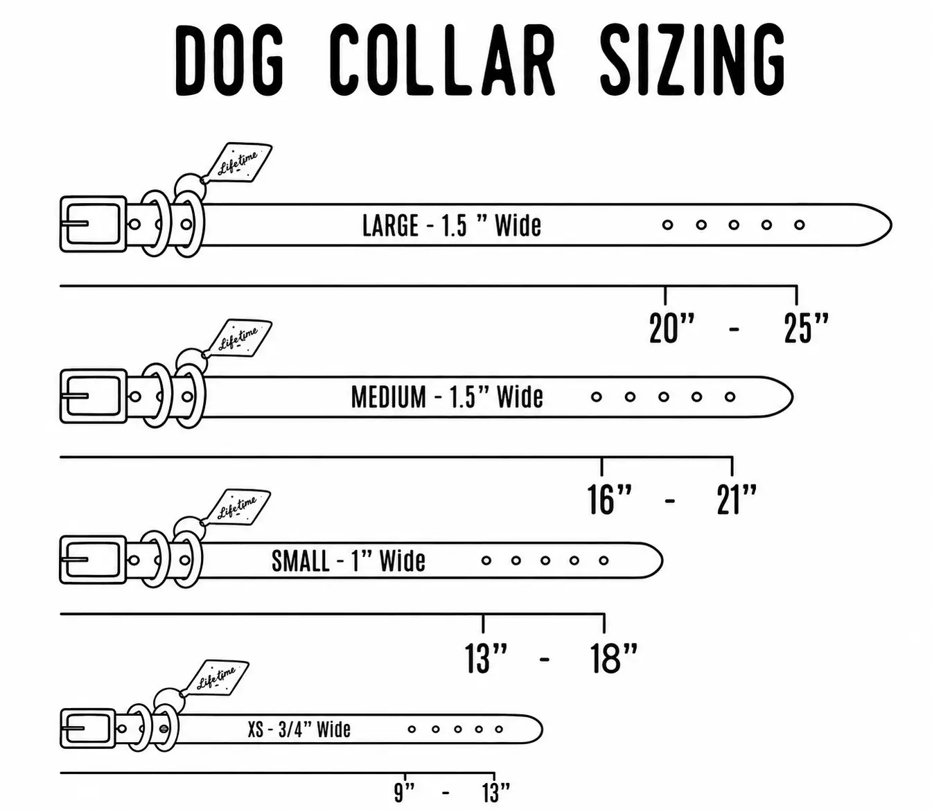 Leather dog collar by For Animals, With Love; sizing guide showing Large, Medium, Small and XS options.