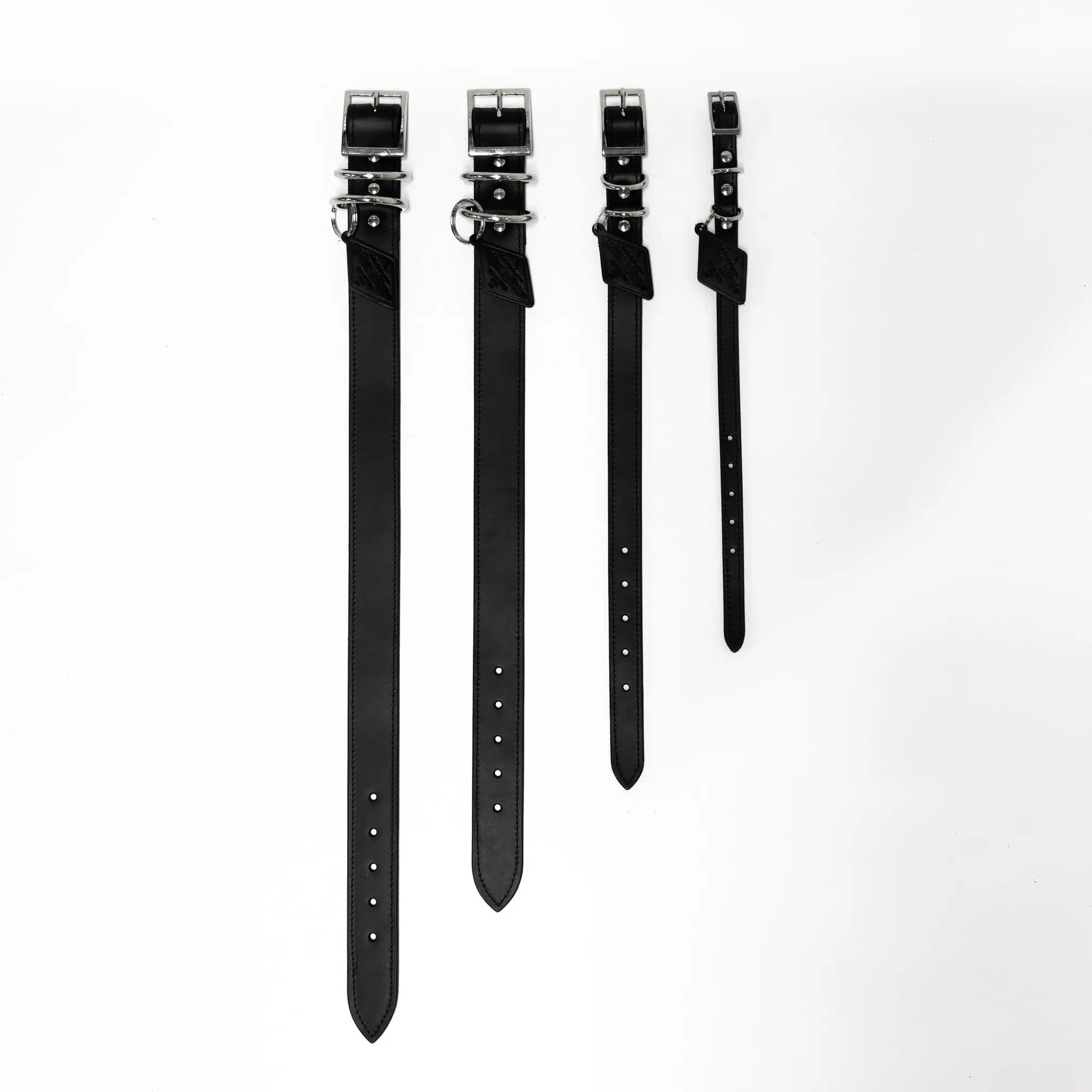 Leather dog collars set of four in black leather with silver hardware by For Animals, With Love.