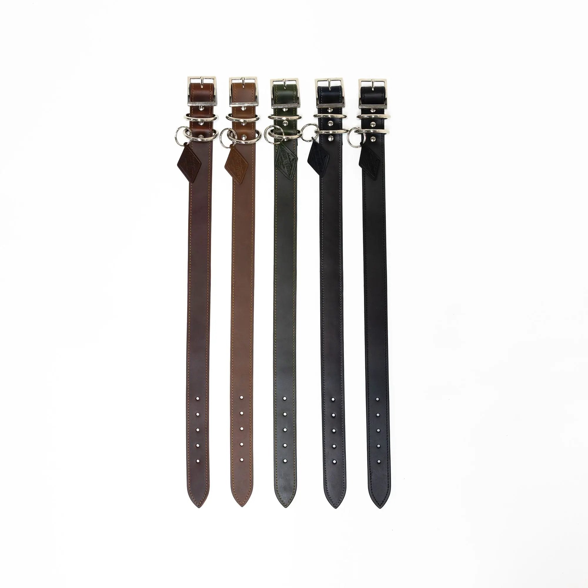 Leather Dog Collar - Designer, five leather collars in brown, tan, olive, gray, and black with silver buckles and rings