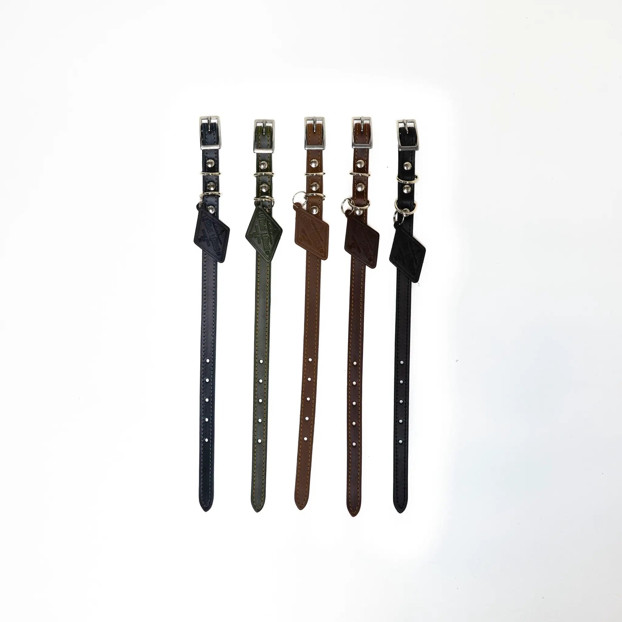 Leather dog collar designer by For Animals, With Love; five colors navy, olive, brown, tan, black with silver buckles.