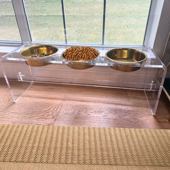 Hiddin Clear Acrylic Triple Feeder with Gold Bowls – 12 in High