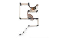 Carica l'immagine nel visualizzatore della galleria, The Deluxe Cat Fort Cat Condo by Catastrophic Creations; natural wood with beige fabric ramps, 3 cats.
