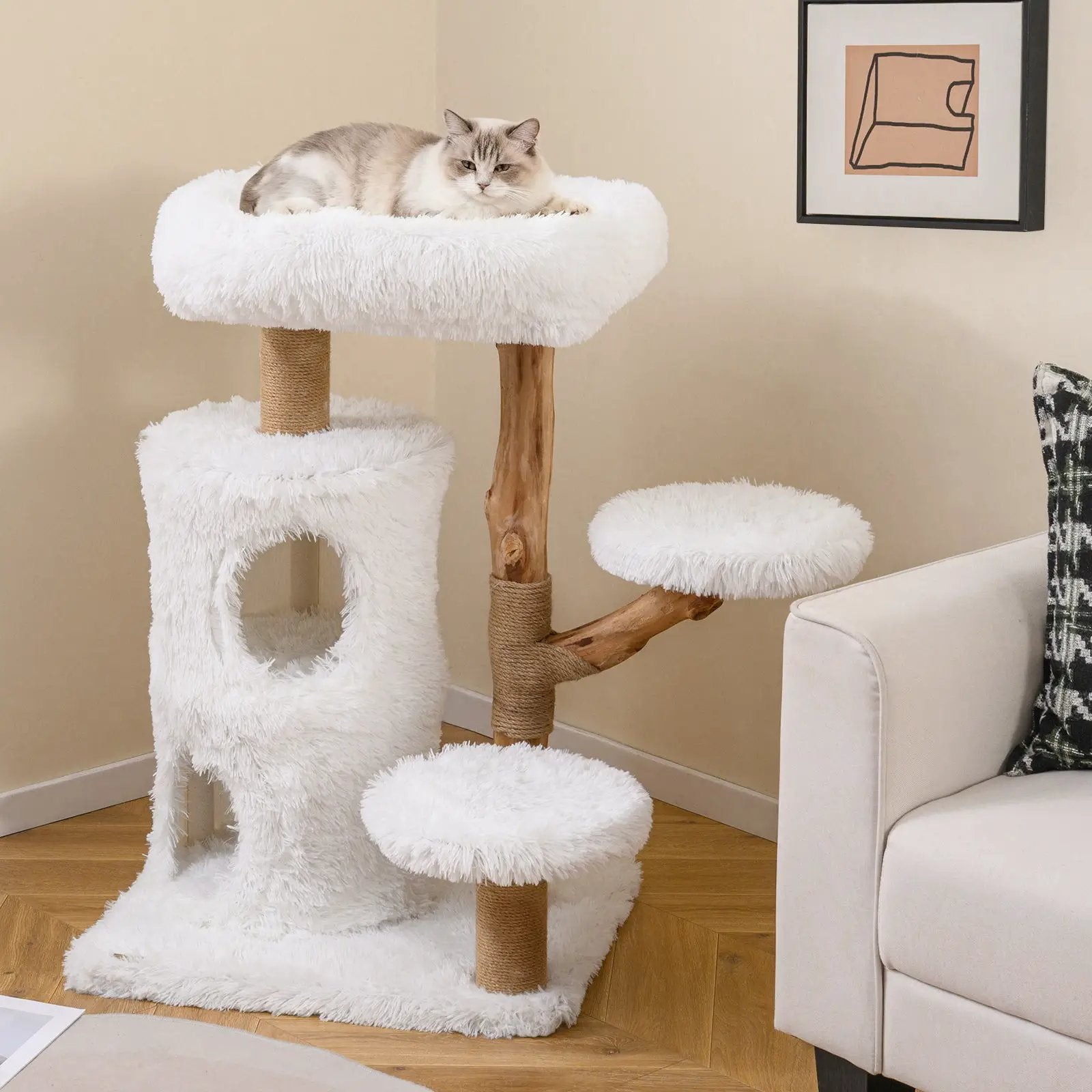 White Solid Wood Cat Tree 30.5 Inch Modern Indoor Tower Pear Branches by DirectDeals