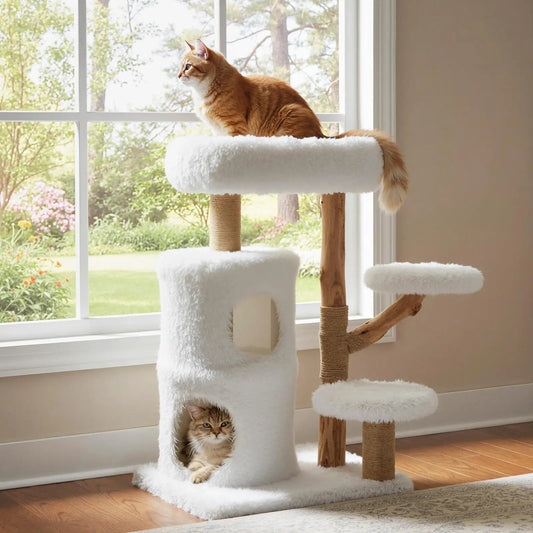 White Solid Wood Cat Tree 30.5 Inch Modern Indoor Tower Pear Branches by DirectDeals