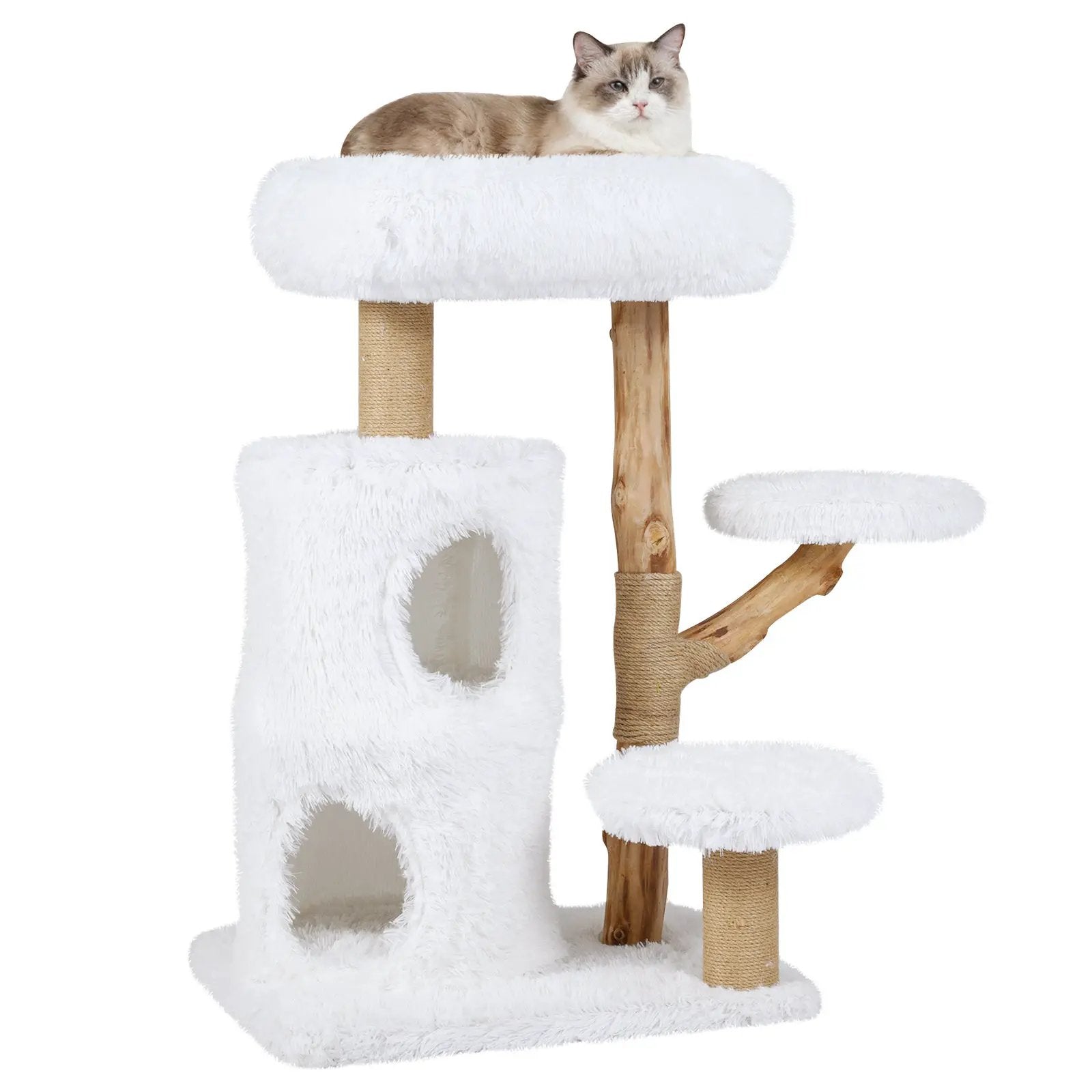 White Solid Wood Cat Tree 30.5 Inch Modern Indoor Tower Pear Branches by DirectDeals