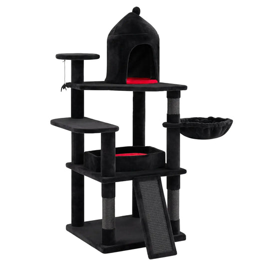 Cat Tree by DirectDeals; 50-Inch Gothic black plush with castle house and red cushions, multi-level.