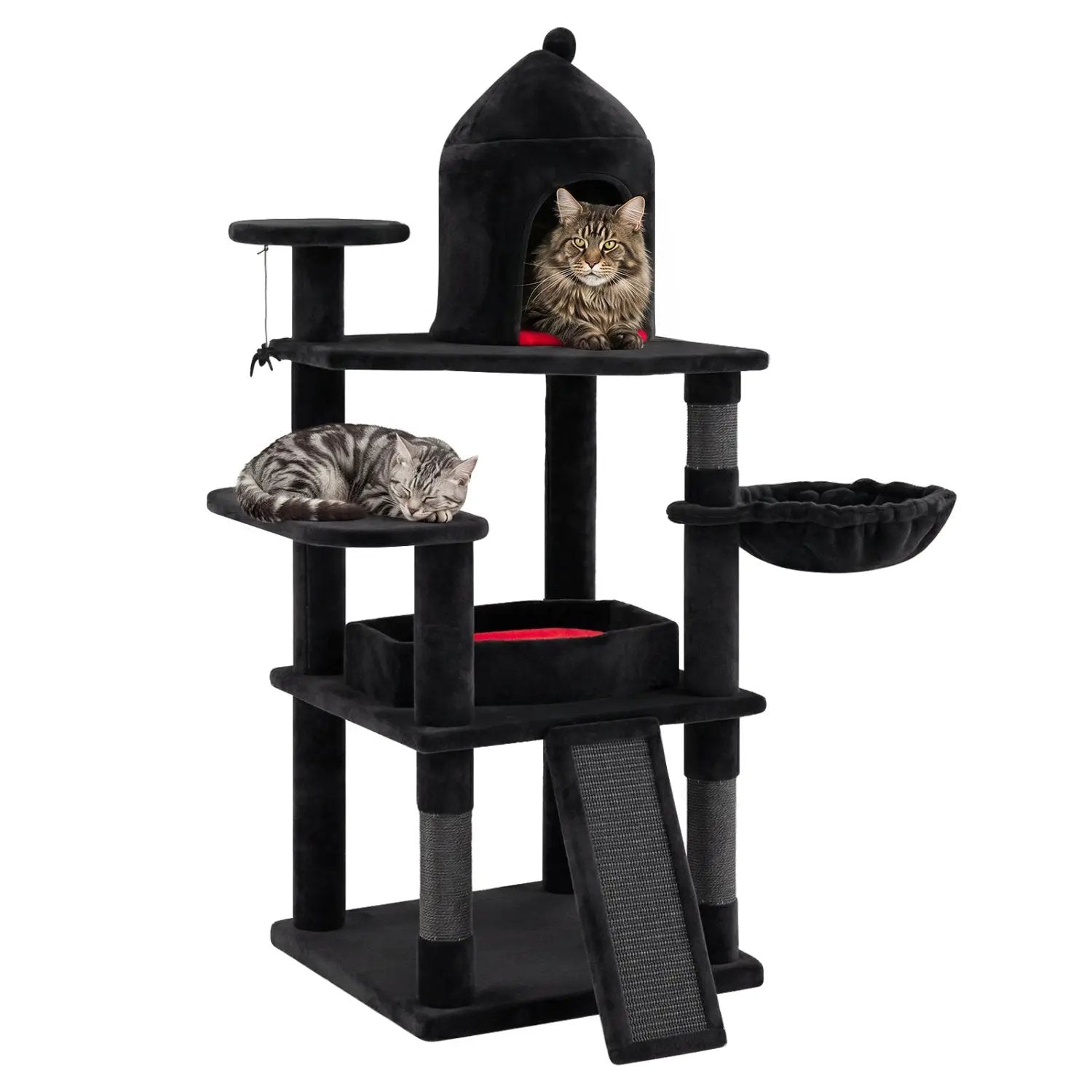 50-Inch Gothic cat tree with castle house, black plush, DirectDeals, two cats.