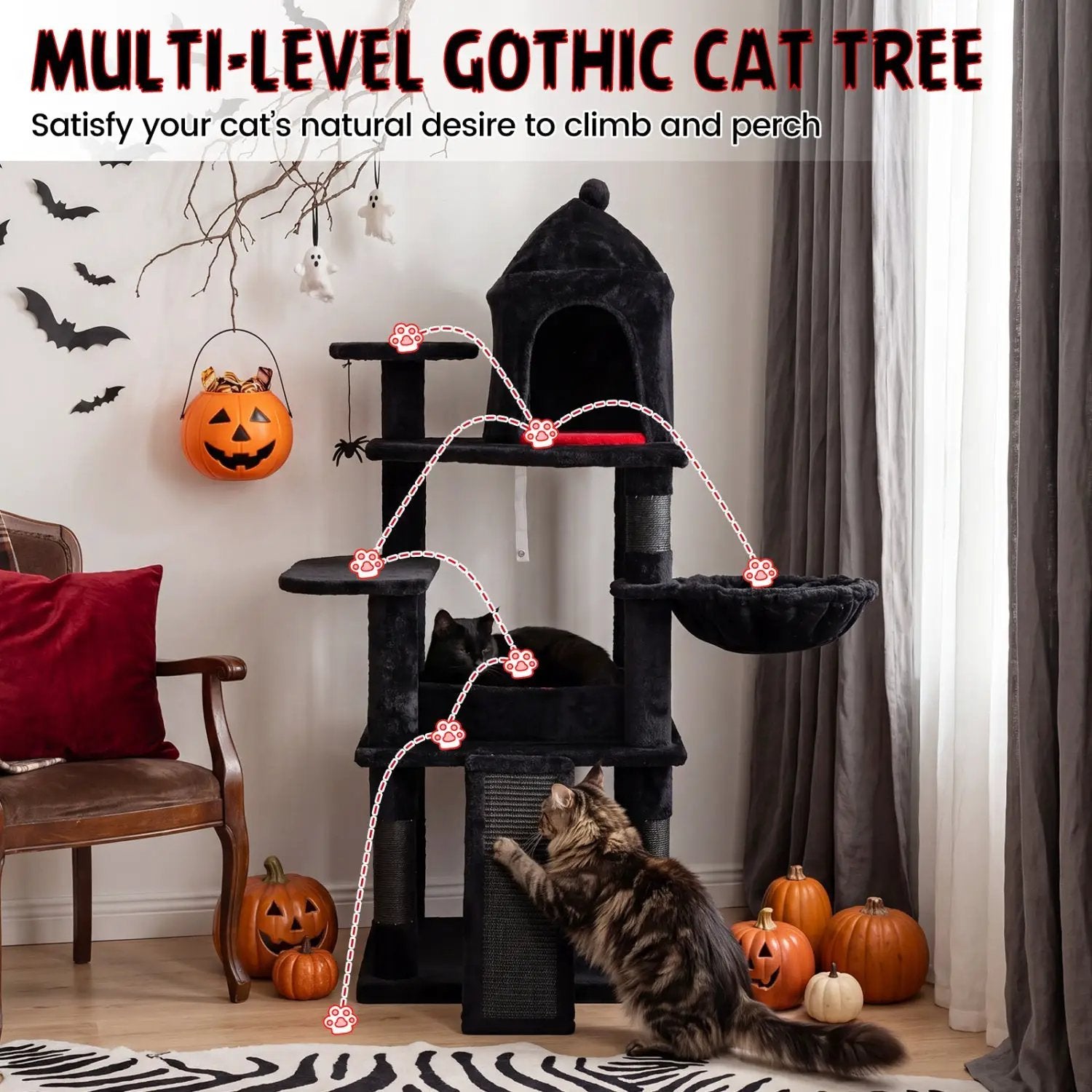 50-Inch Gothic Multi-Level Cat Tree with Castle House in black plush, cat on lower level amid pumpkins