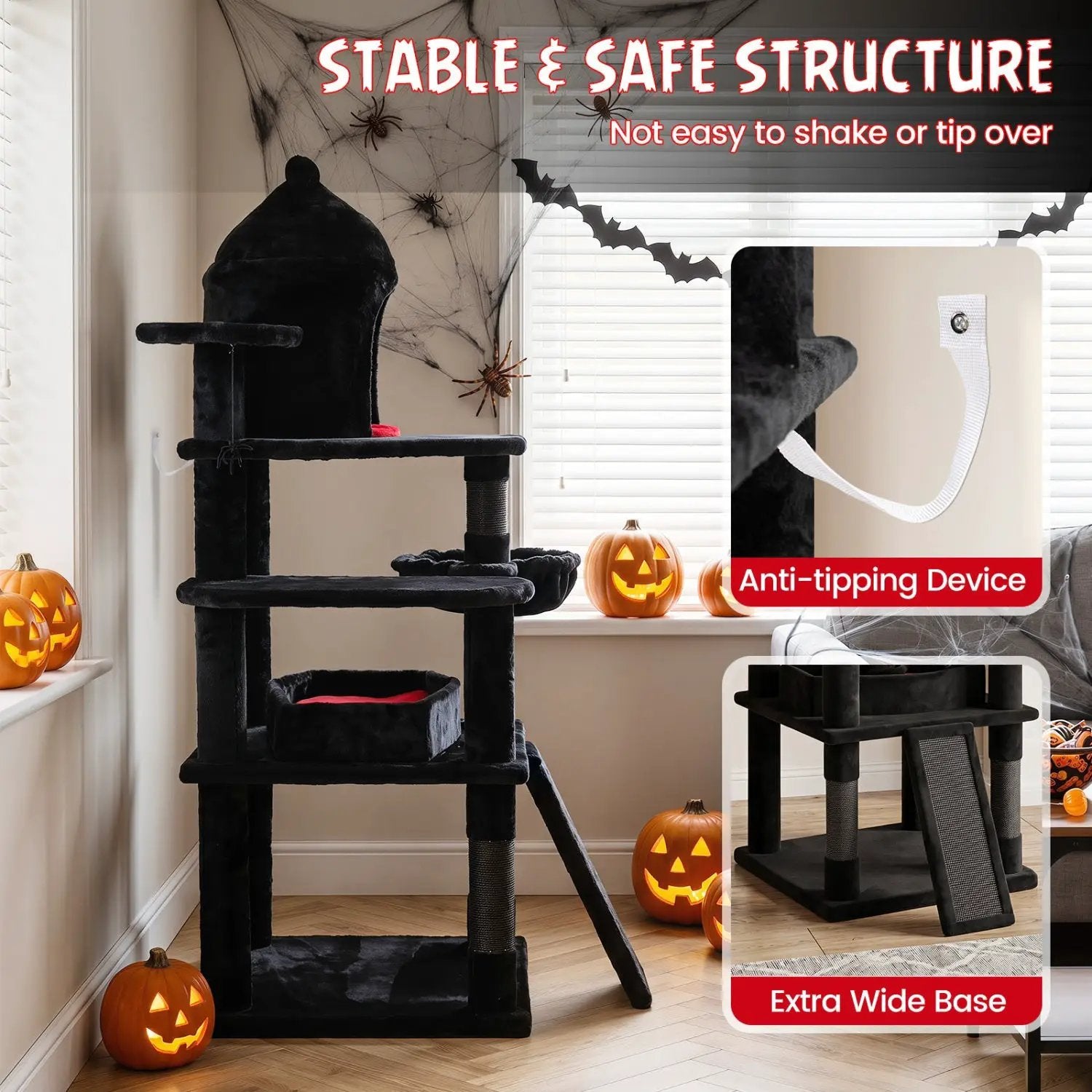 50-Inch Gothic Multi-Level Cat Tree with Castle House by DirectDeals, black plush with extra-wide base
