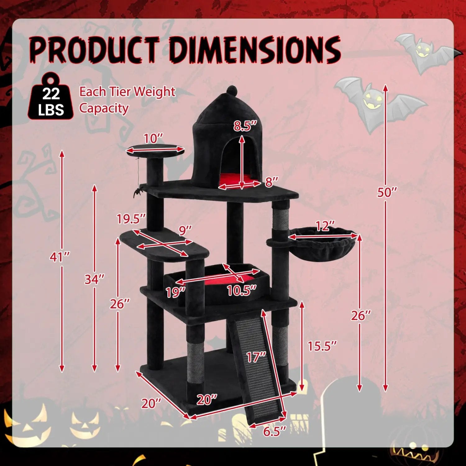 50-Inch Gothic Multi-Level Cat Tree with Castle House, black fabric by DirectDeals