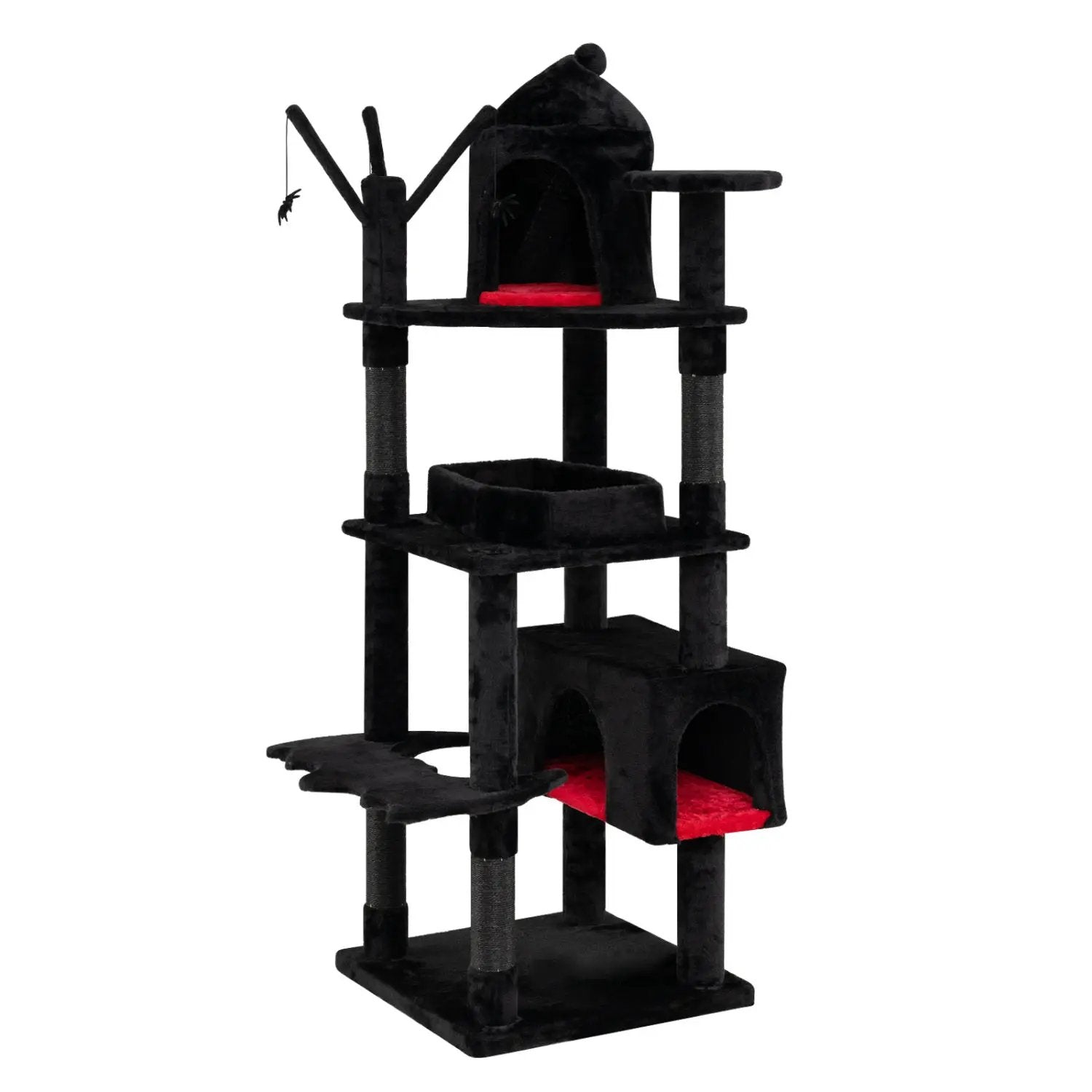 Cat tree 70-Inch Gothic black with castle and coffin bed, red plush cushions.