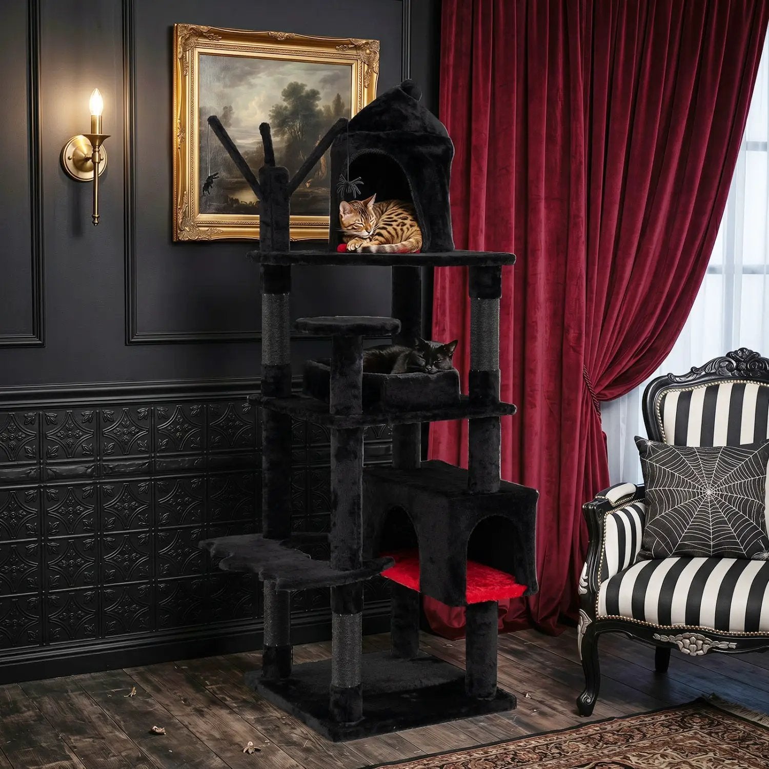 70-Inch Gothic Cat Tree with Castle and Coffin Bed, black plush, by DirectDeals