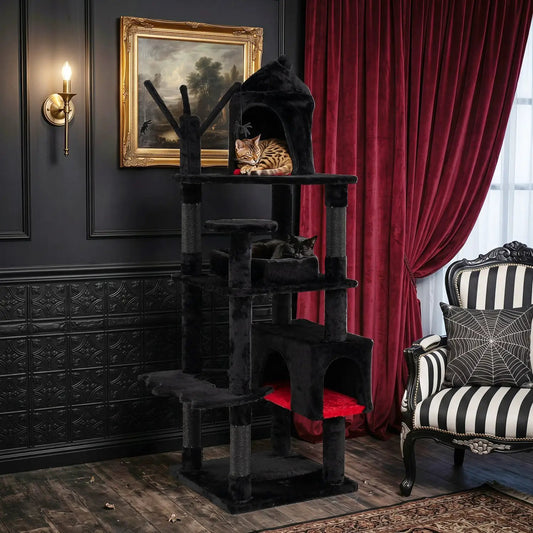 70-Inch Gothic Cat Tree with Castle and Coffin Bed, black plush, by DirectDeals