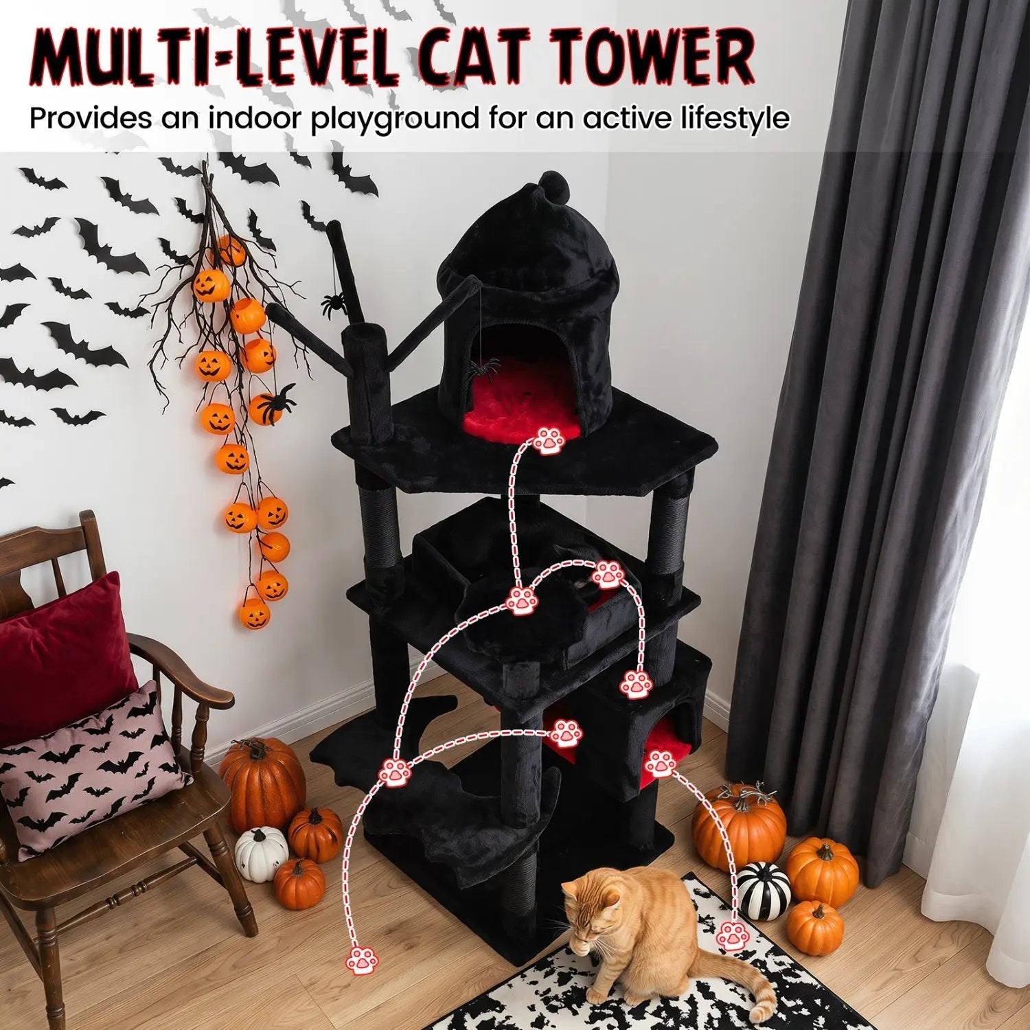 DirectDeals 70-Inch Gothic Cat Tree with Castle and Coffin Bed, black plush.