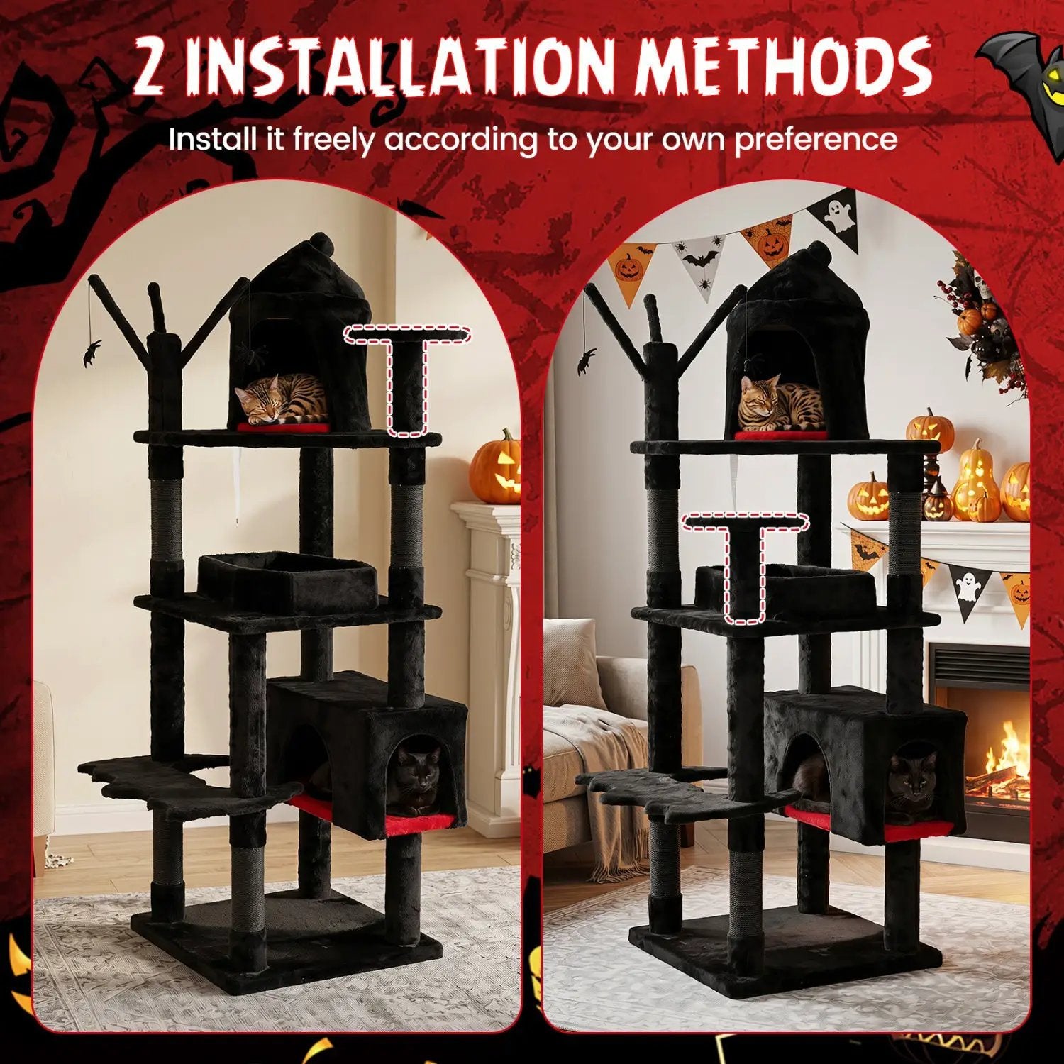 70-Inch Gothic Cat Tree by DirectDeals, black plush with castle enclosure and coffin bed.