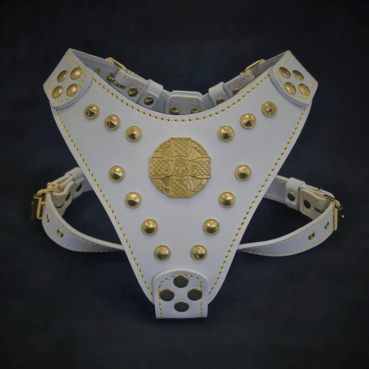 Bestia Maximus white and gold leather dog harness, small to medium