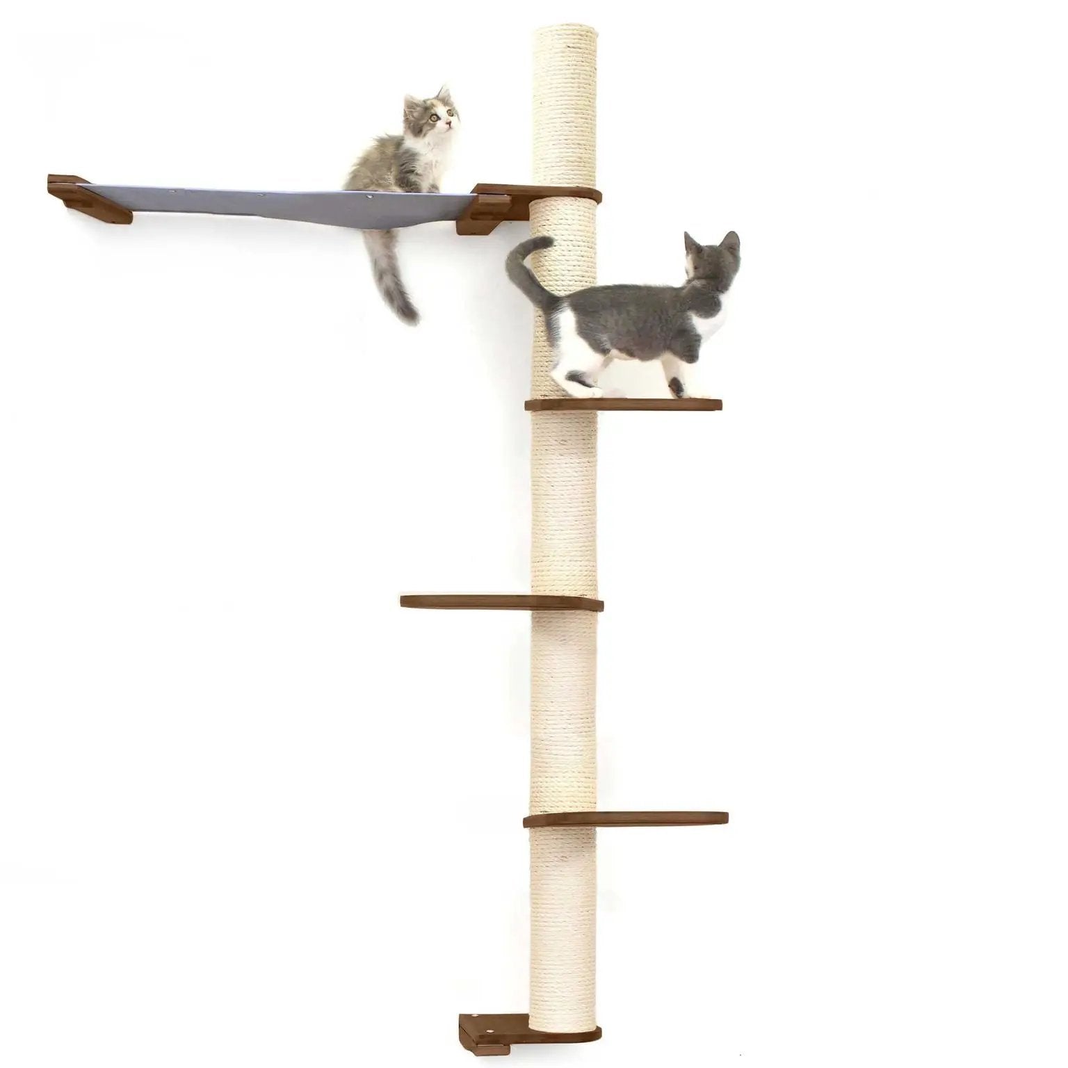 The Crow's Nest wall cat condo scratcher with hammock; beige sisal post and wooden platforms.