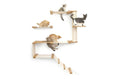 Carica l'immagine nel visualizzatore della galleria, The Deluxe Cat Fort Modern Cat Condo by Catastrophic Creations; natural wood with sisal posts, 5 cats using the levels
