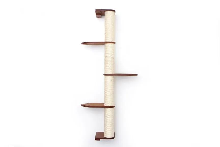 Wall-mounted cat climbing pole with sisal rope and natural wood shelves, four levels