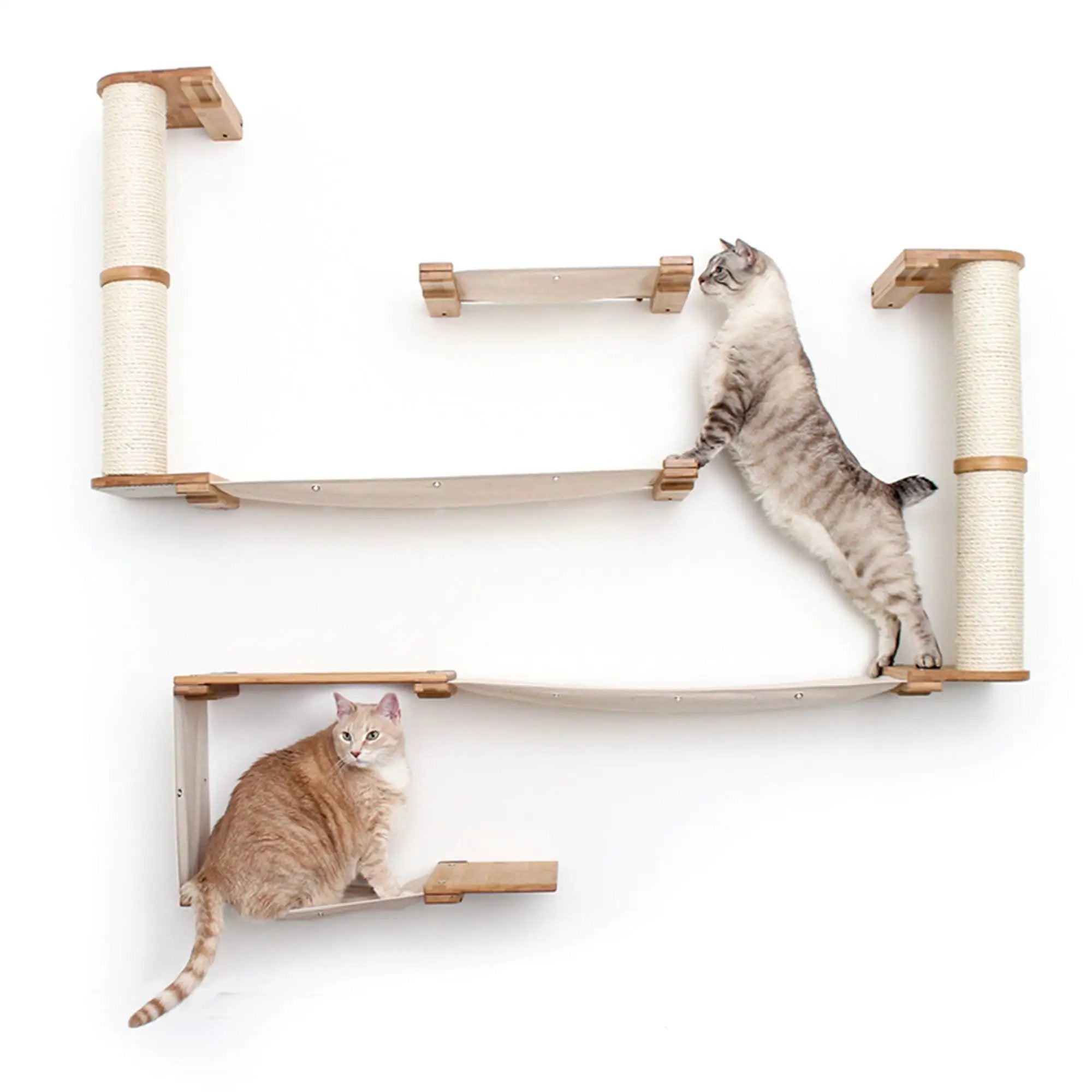 The Roman wall-mounted cat scratcher tree by Catastrophic Creations; beige sisal posts on wood platforms, 2 cats.