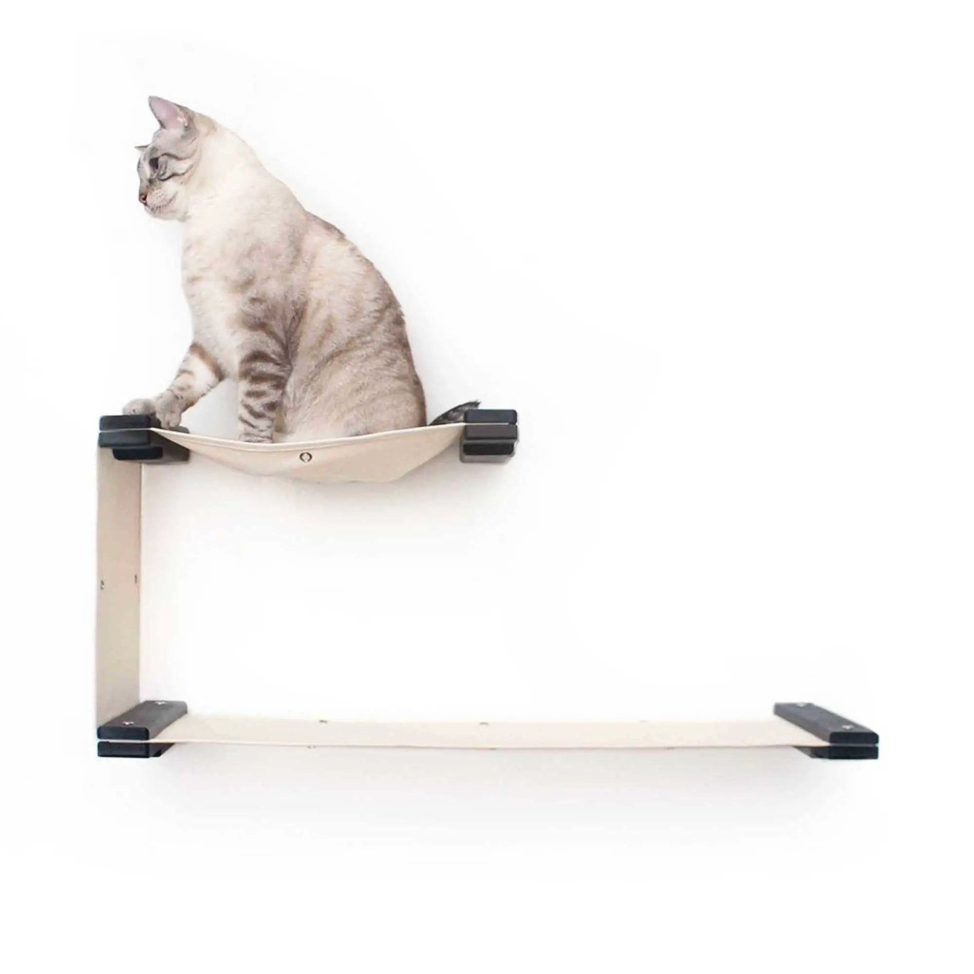 The Double Decker Cat Hanging Bed Set; beige fabric cat hammock on a light wood frame with black hardware.