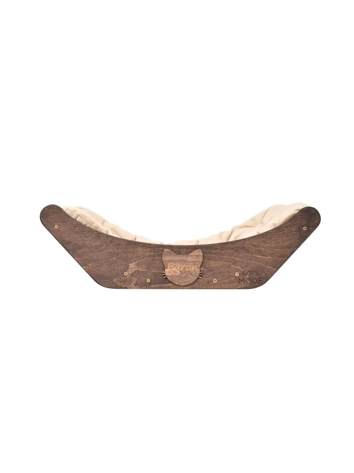 Cat Curve Wall Bed Black for cats; wooden curved bed with beige cushion by Enjoy The Wood B2B