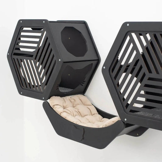 Cat Curve Wall Bed Black by Enjoy The Wood B2B; two black modular cat beds with slatted sides and beige cushion