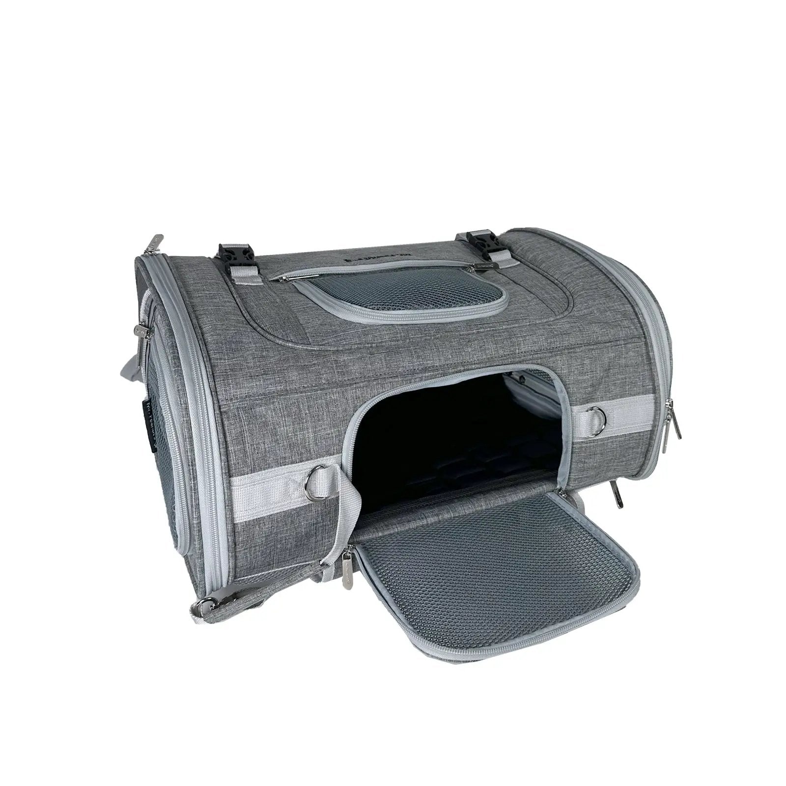 Mr. Peanut's Monterey Series airline-compliant horizontal backpack pet carrier in grey fabric with mesh top.