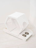Bild in Galerie-Betrachter laden, Small white wooden cat house with built-in dual metal bowls.
