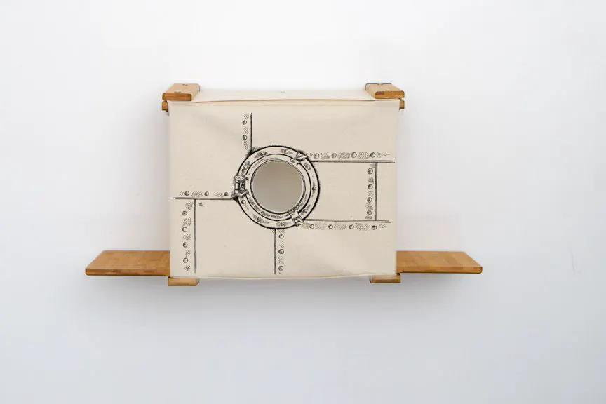 Cat Cubby for Wall - Covered cat bed in beige fabric with circular window and wooden shelves.